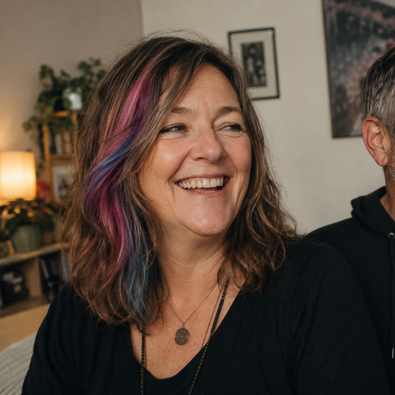Frau mit schulterlangen Haaren, teilweise pink und blau eingefärbt, die lachend seitlich blickt, in einem gemütlichen Innenraum mit Pflanzen und Lampen im Hintergrund.
